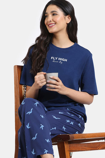 Buy Zivame Avian Florals Woven Pyjama Set - Bellwether Blue